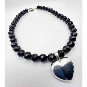 DAVID SIGAL Silver Heart Enhancer Pendant & Faceted Black Onyx Bead Necklace